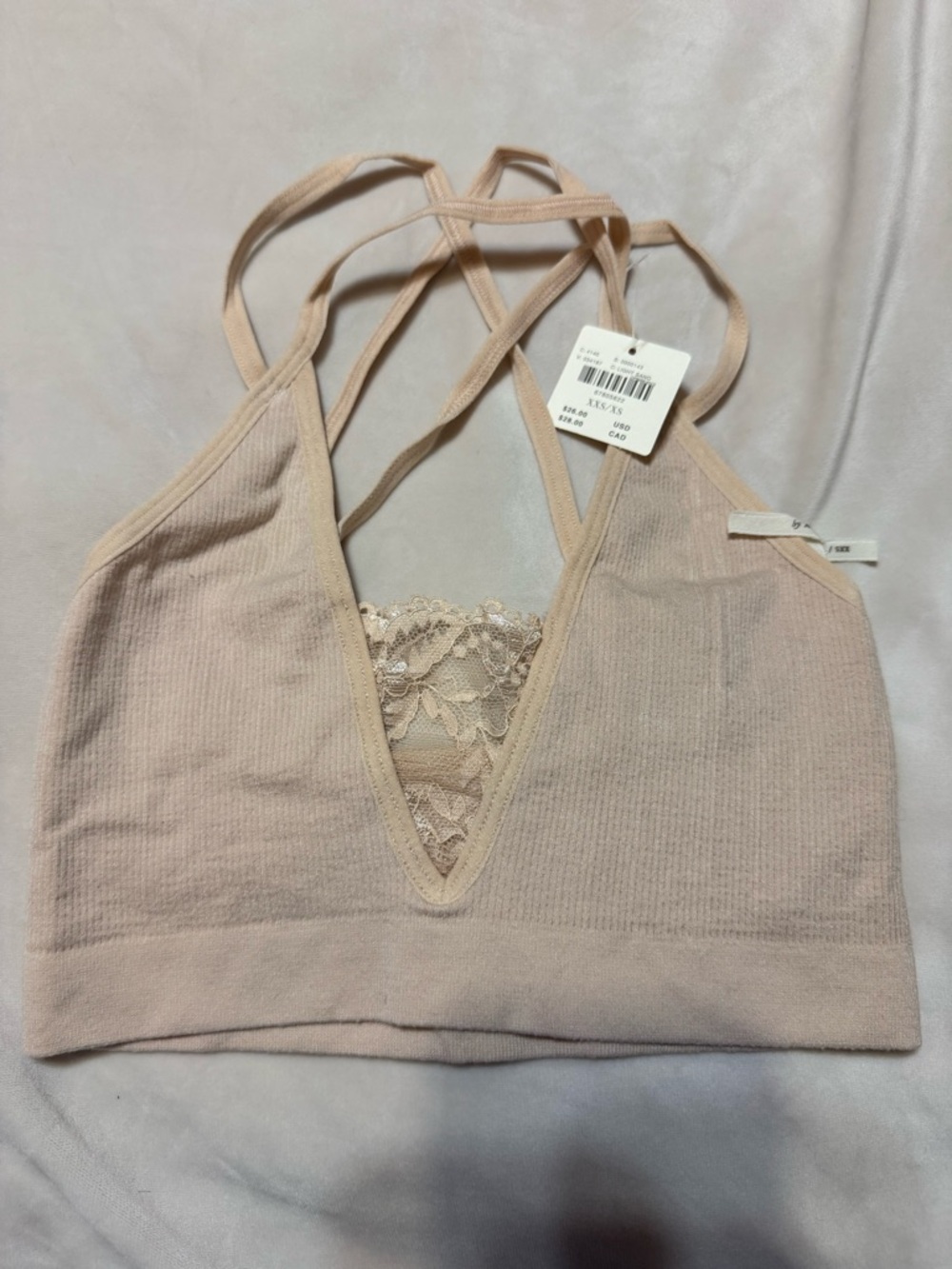 Beige Ribbed Lace-Trim Bralette